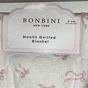 BONBINI WHITE PINK BOWS MUSLIN FAUX FUR BABY GIRL 28x38 QUILTED BLANKET NWT